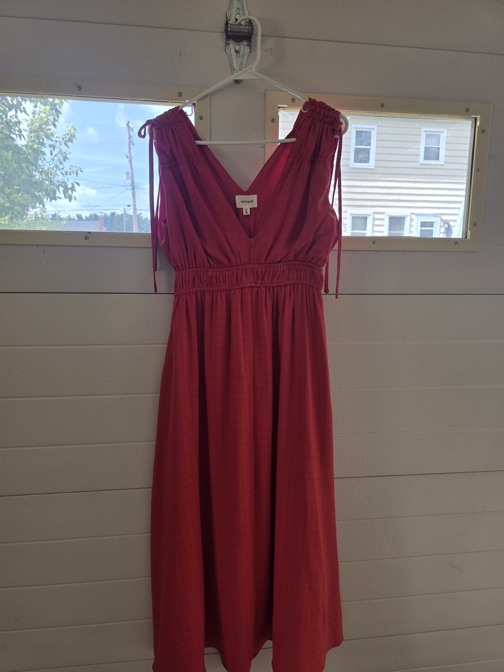 Tie-Shoulder V-Neck Midi Dress in Red